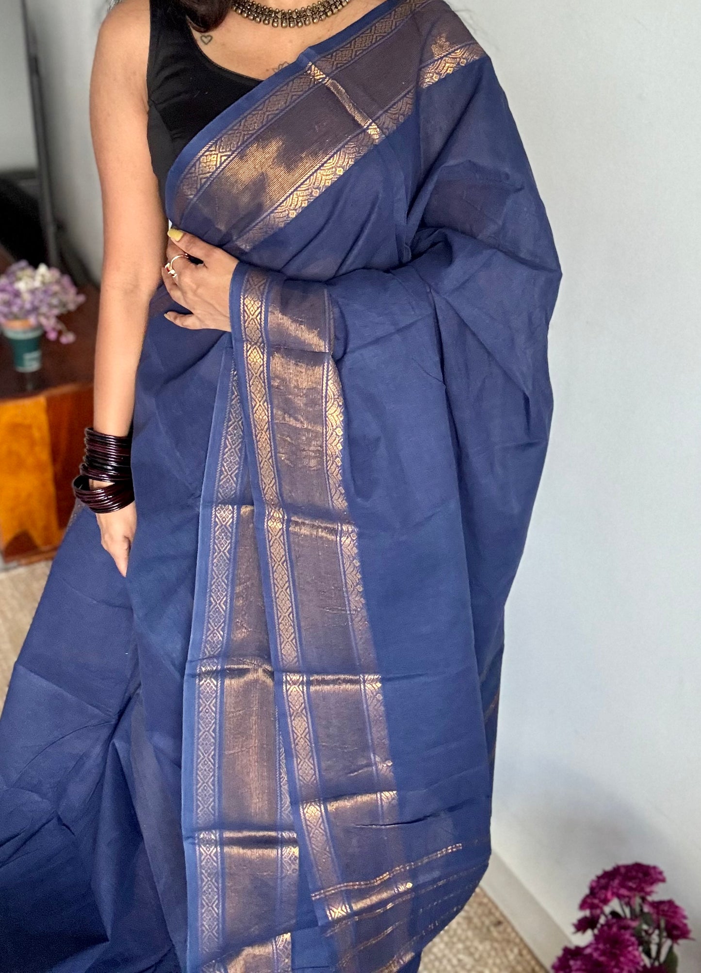 Navy blue kattuchayam dyed madurai soft cotton - YCCOTNSUDE140