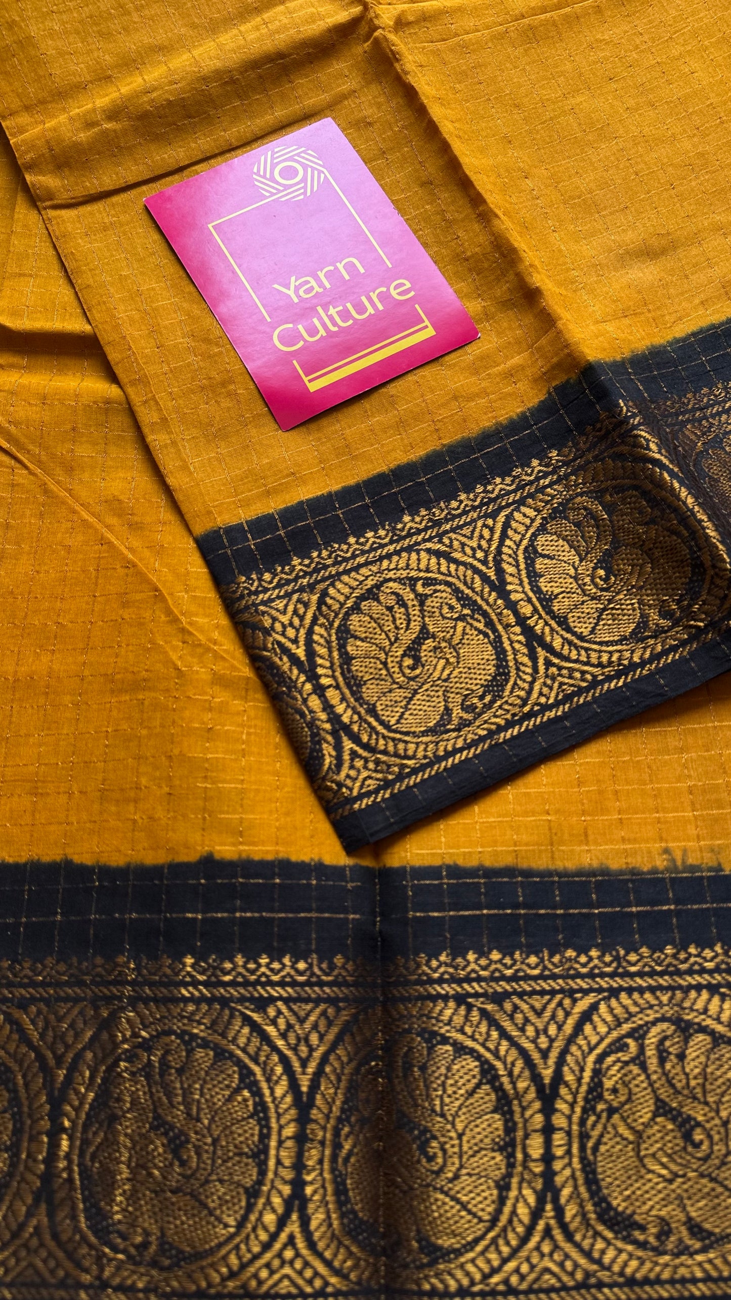 Yellow with black contrast zari checkered sungudi, kattuchayam dyed madurai cotton - YCCOTNMSAP94