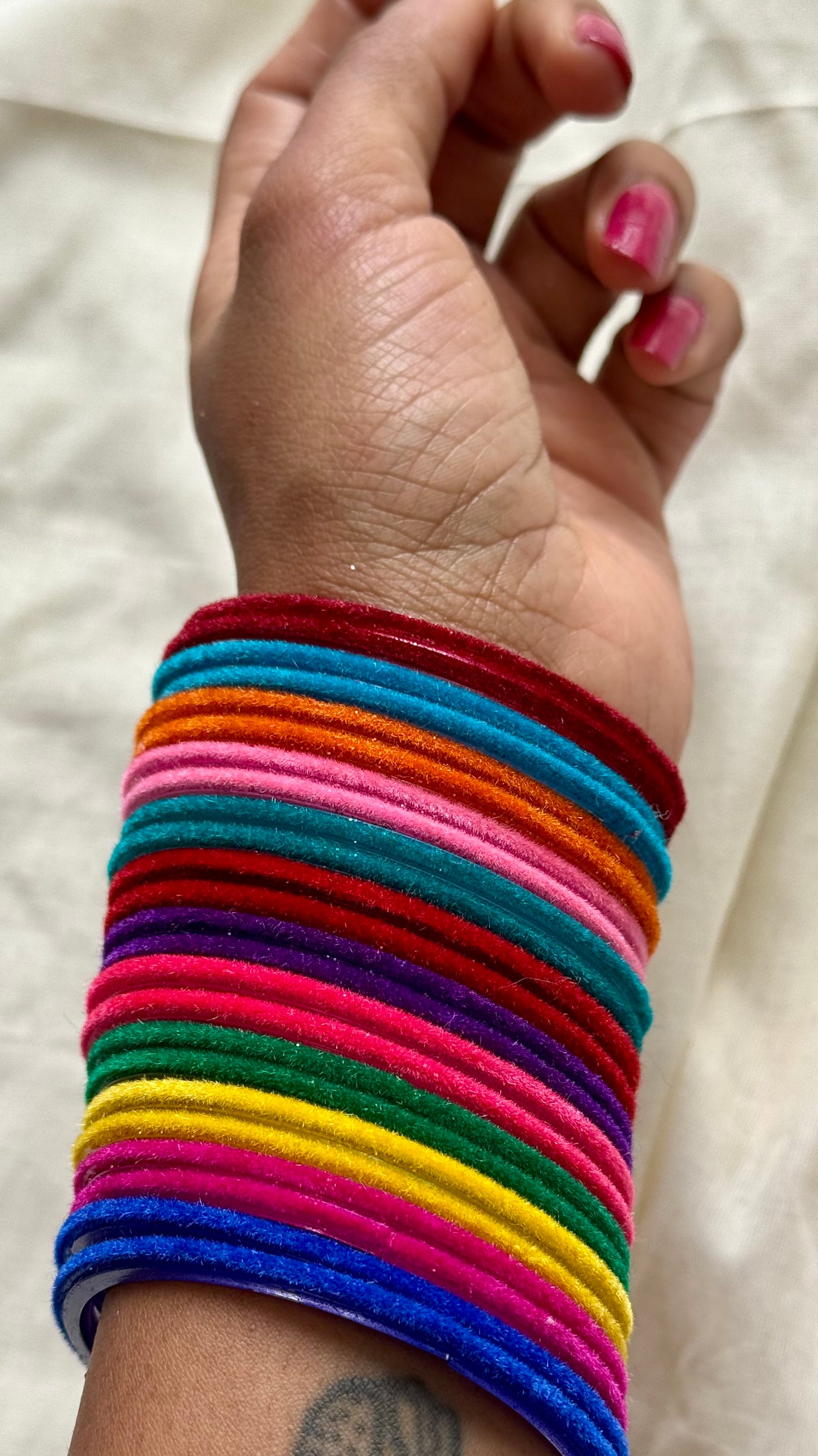 Velvet glass bangles, set of 12 colours, each comes as a set of 12 units, total 144 bangles in a set - YCBANGL341