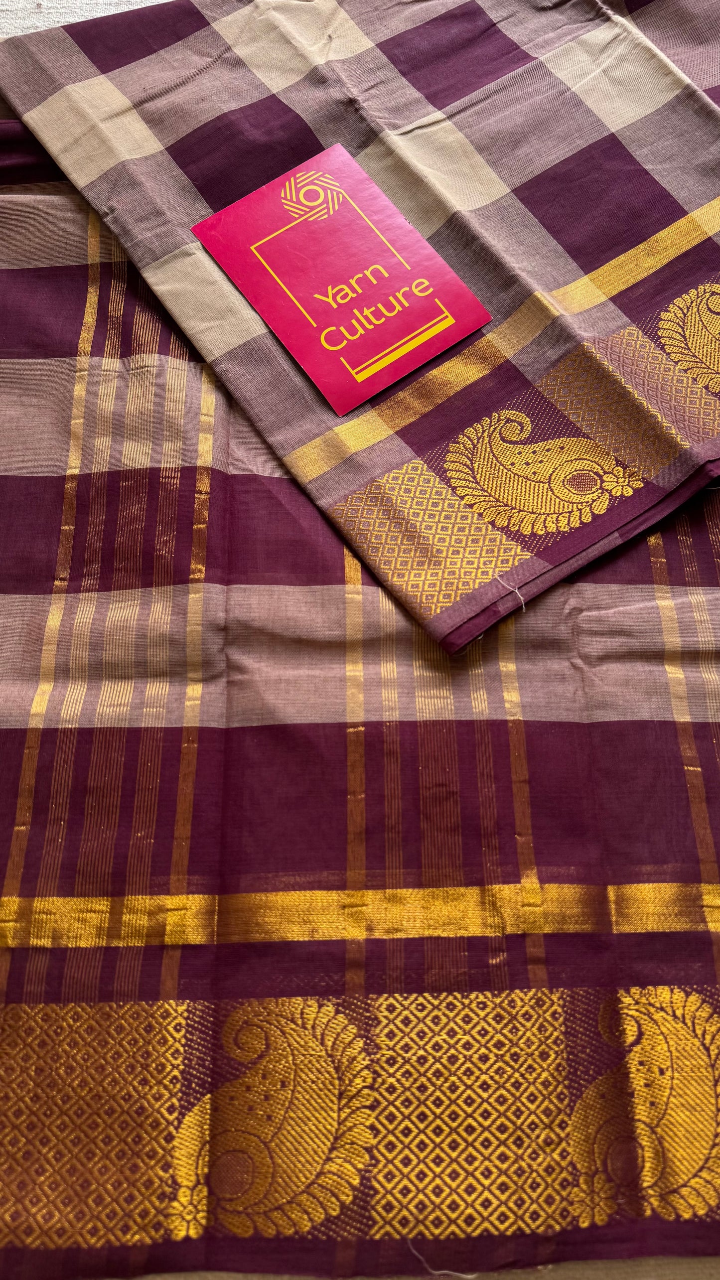 Chettinad cotton saree with cream and maroon checks, paisley motif border - YCCOTNAP63