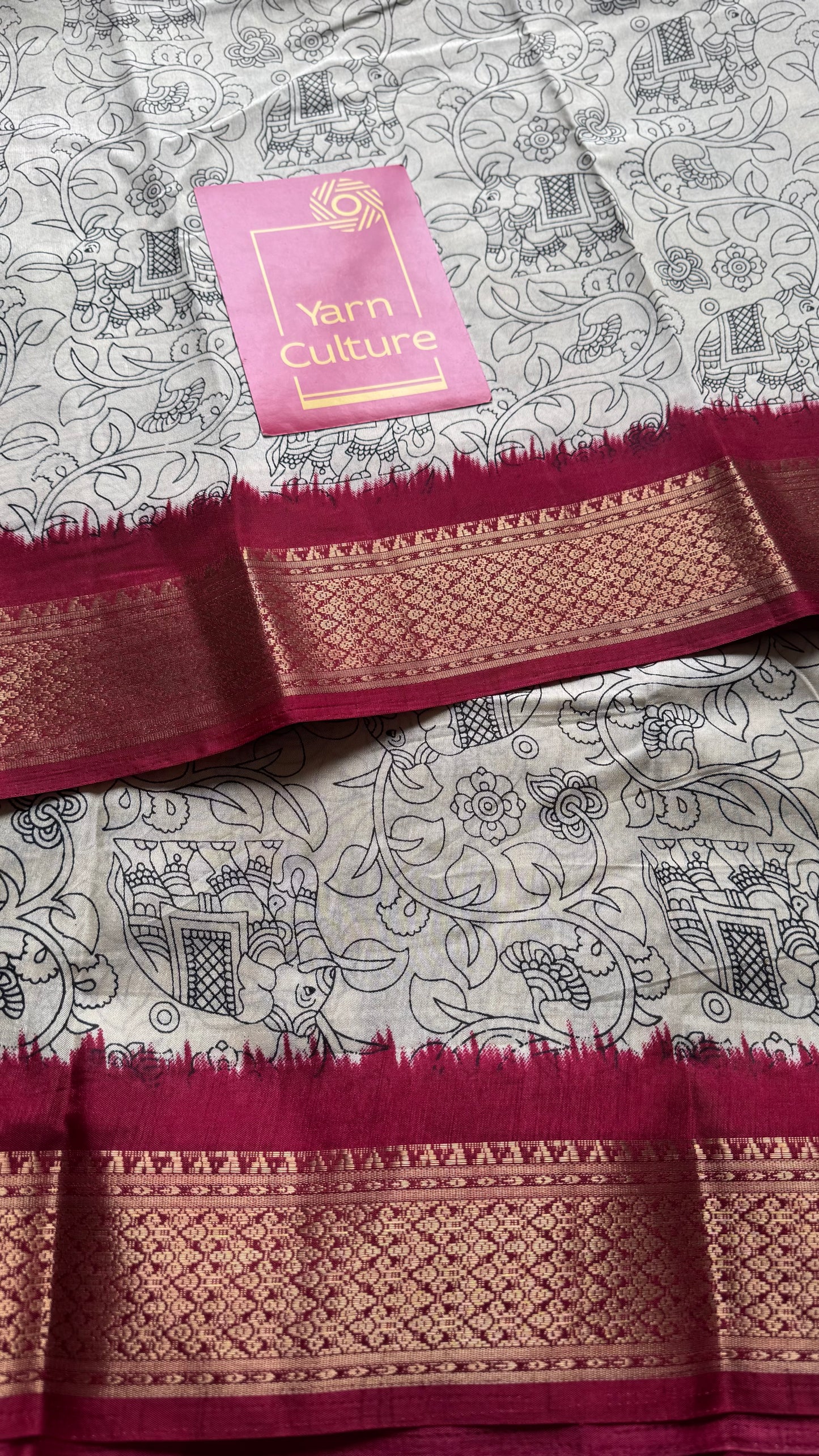 White and red contrast, printed kalamkari, semi-tussar - YCWOTDSTK03