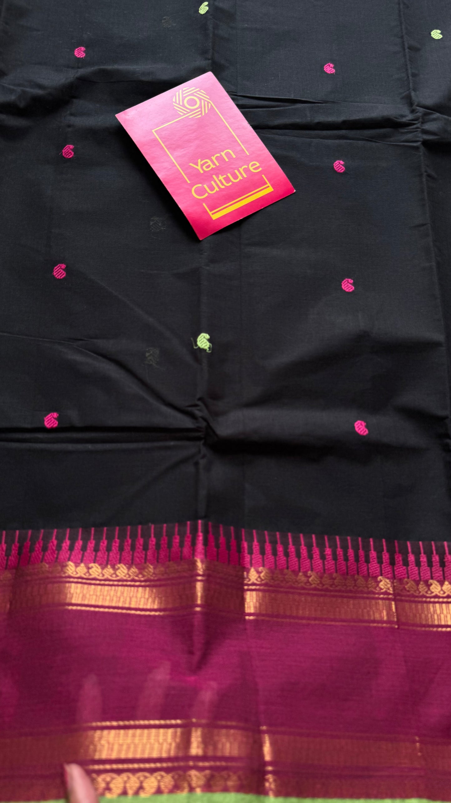 Kanchi cotton saree, black with magenta and pista green border - YCCOTNAP84
