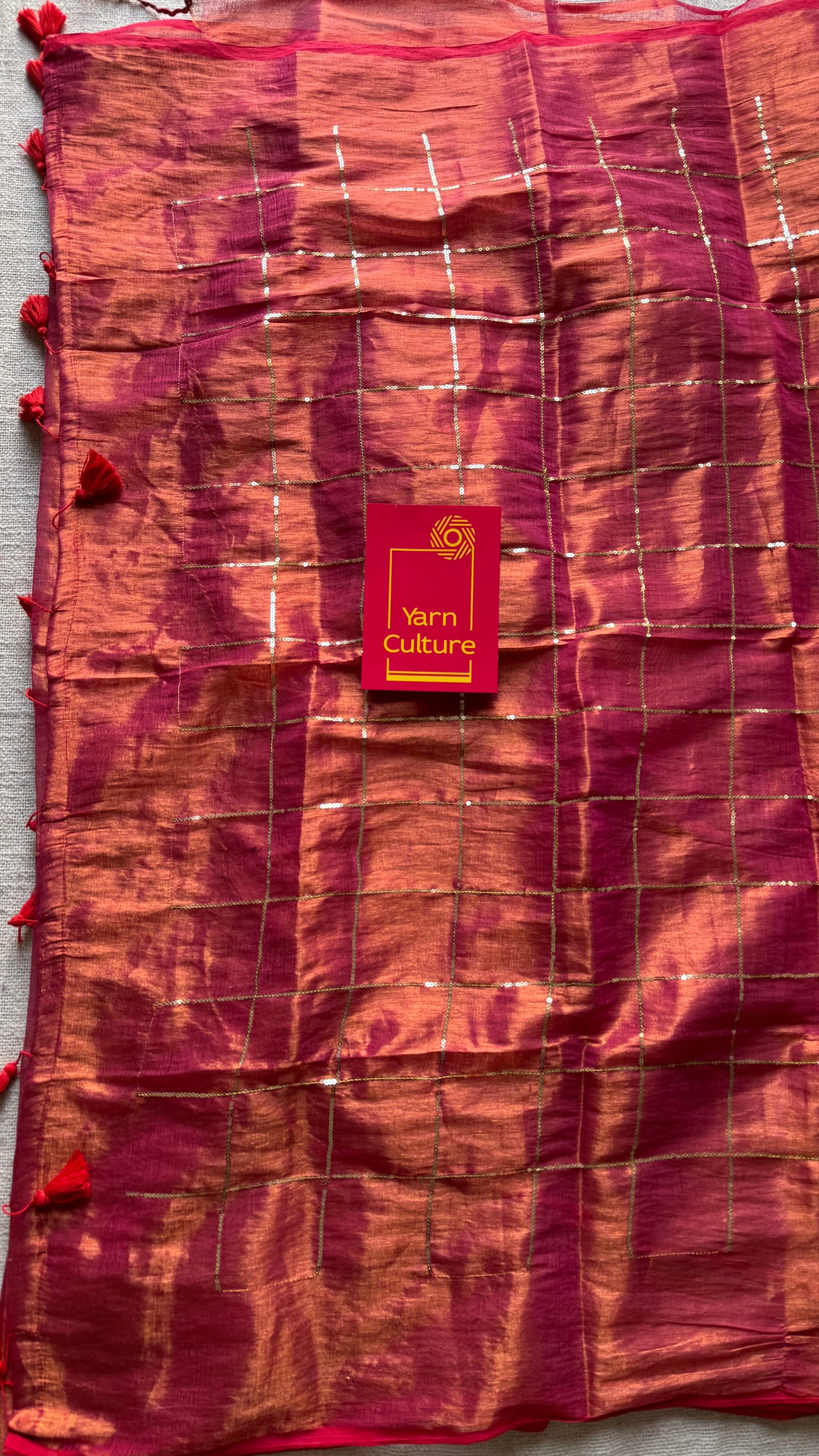 Rani pink, checkered sequins work, mul tissue - YCBCMCJA13