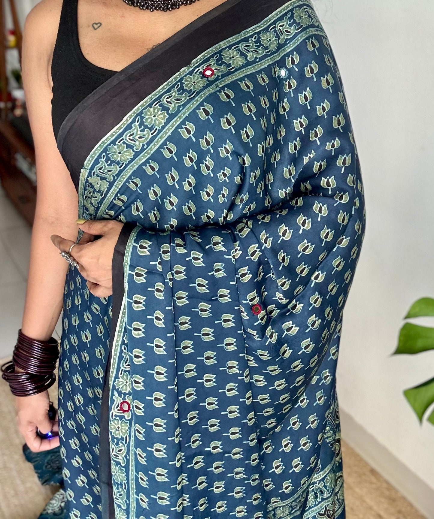 Indigo pure modal silk saree with ajrakh handblock print and mirror work - YCTOKAJM339