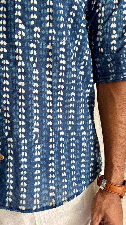 Indigo Striped Motif Block Printed Cotton Men's Mandarin Collar Kurta Shirt - YCMSEIE196