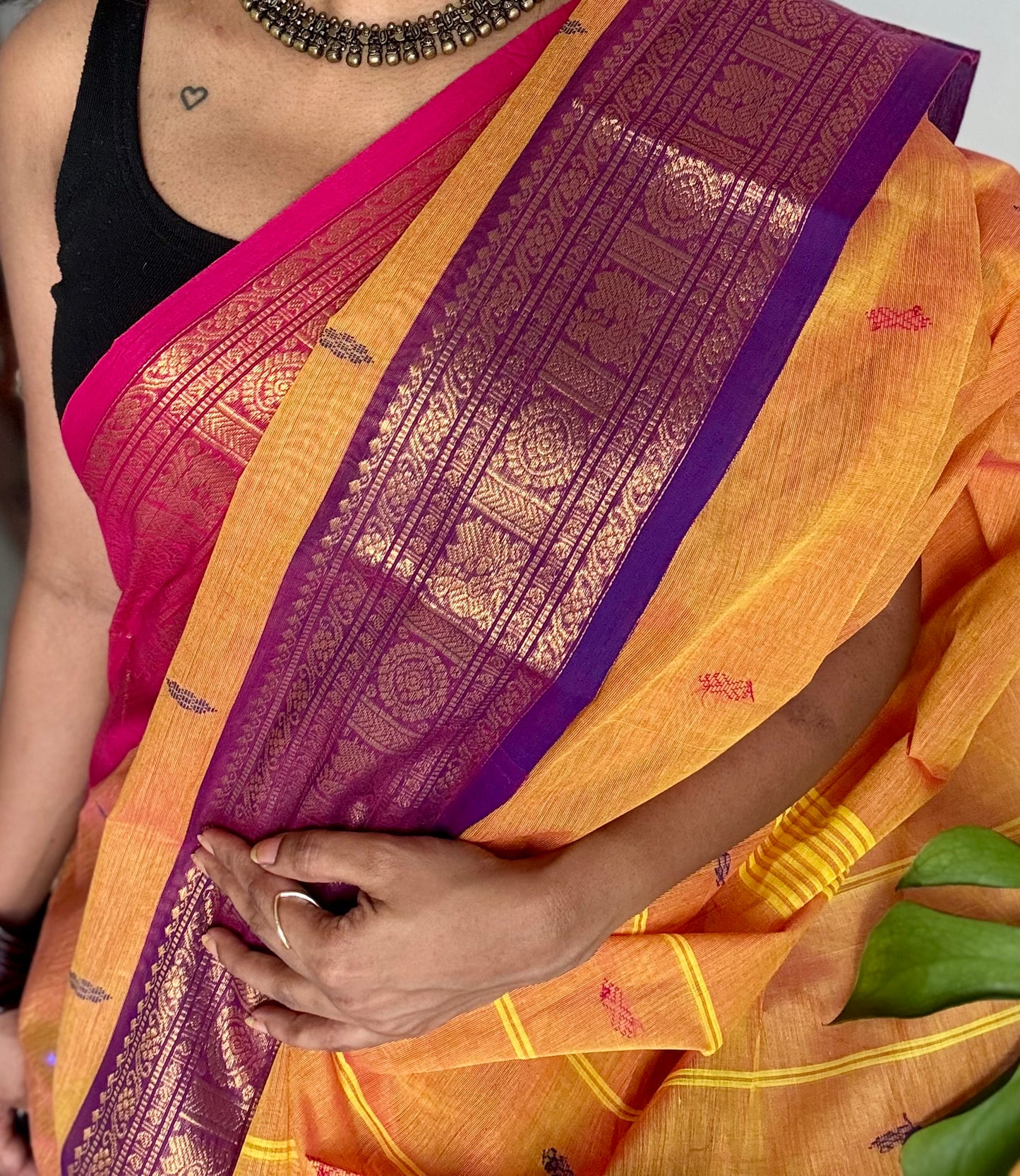Light orange with hot pink and purple contrast, kanchi cotton saree - YCCOTNMA325