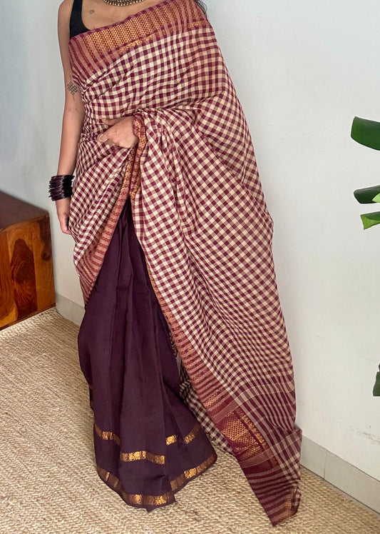 Maroon with cream checks and brown, sungudi and chettinad cotton half-half saree - YCCOTNIDOC32