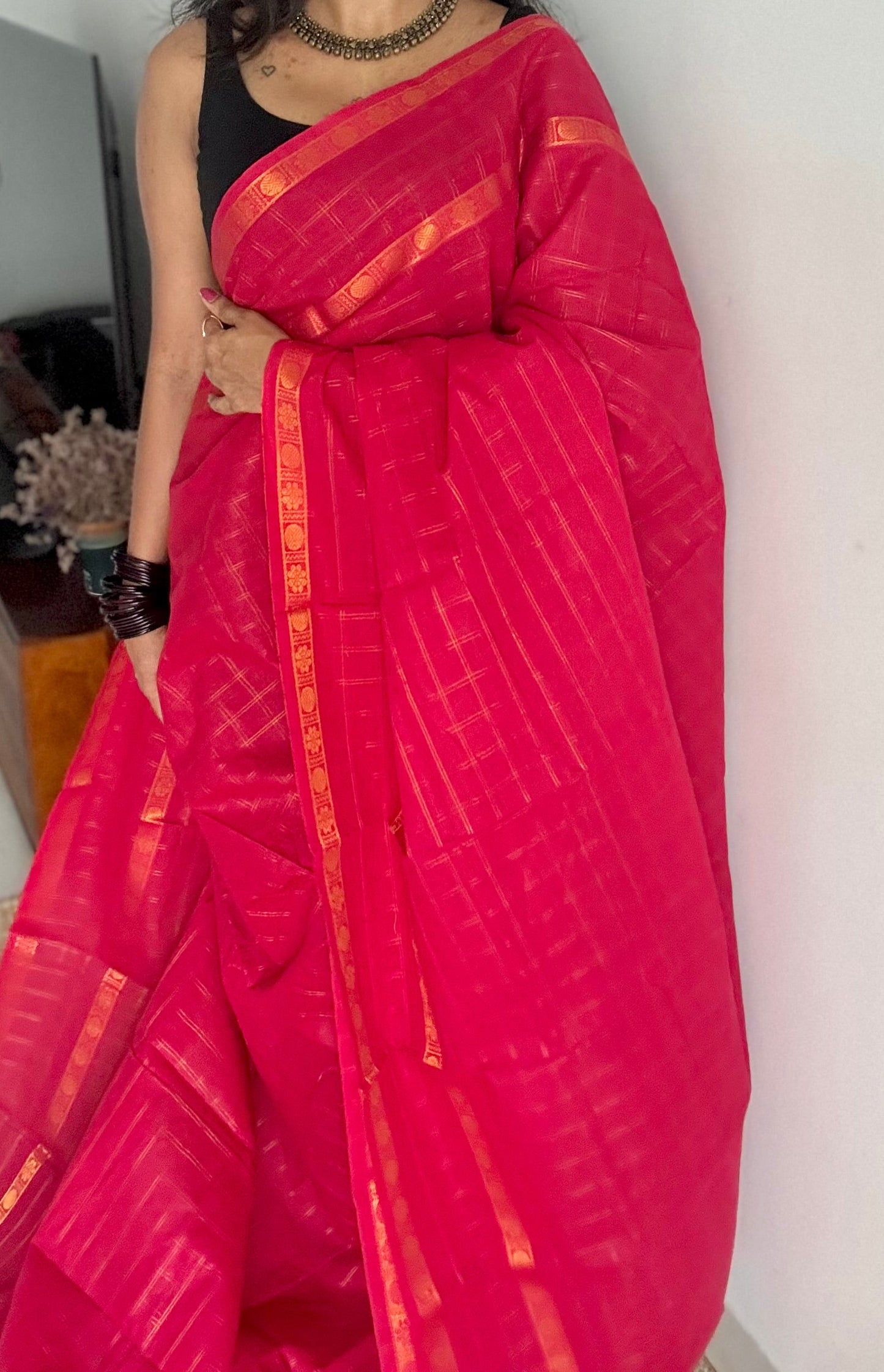 Pinkish red adayar gold zari kattam, sungudi cotton - YCCOTNOCSC45