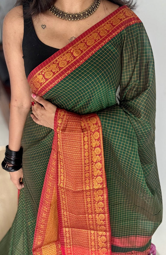 Dark green checks with zari border, premium narayanpet, soft cotton - YCWOTDFEBB12