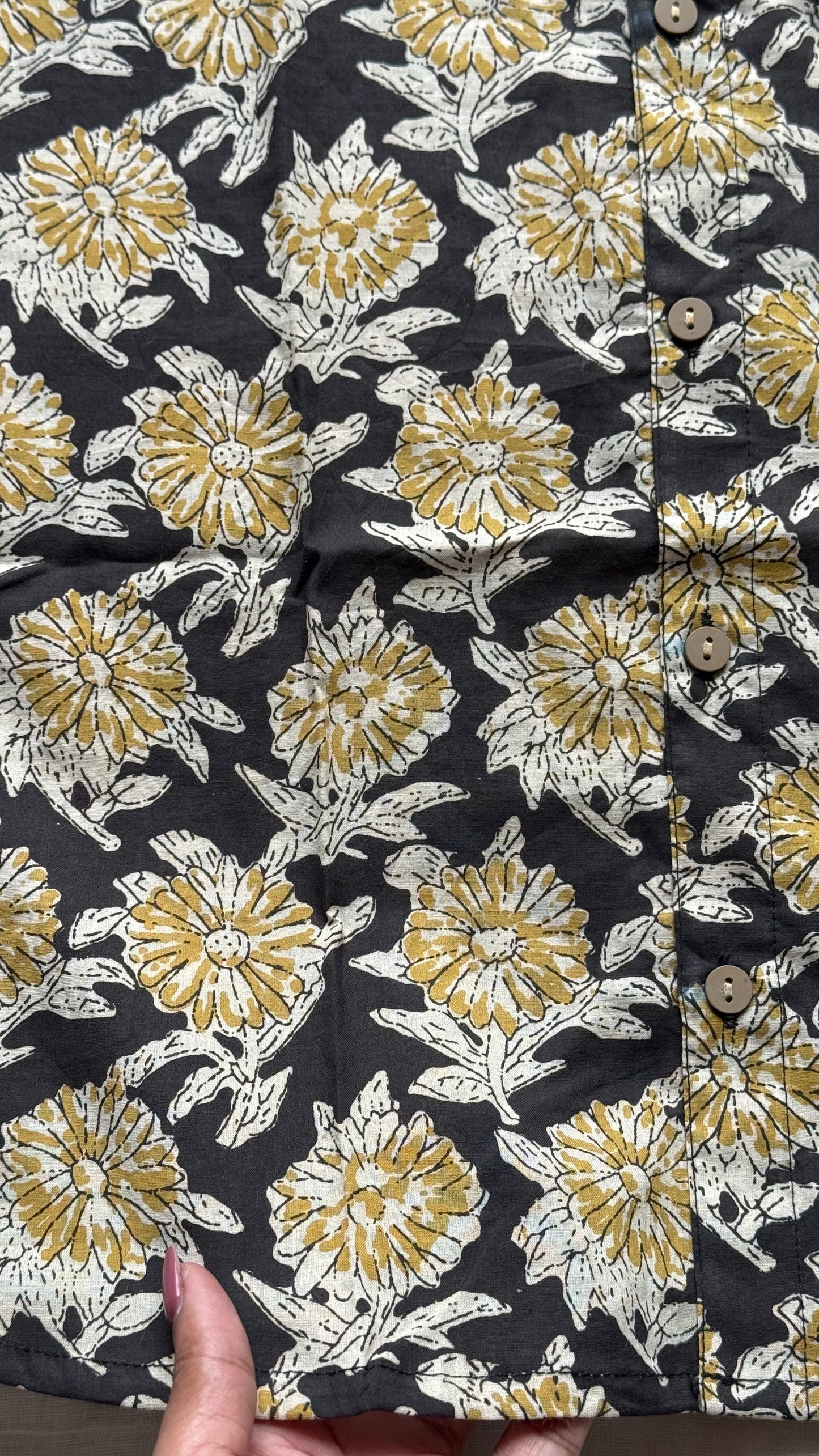 Black & Yellow Floral Block Printed Cotton Men's Half Sleeve Mandarin Collar Kurta Shirt - YCMSEIE190