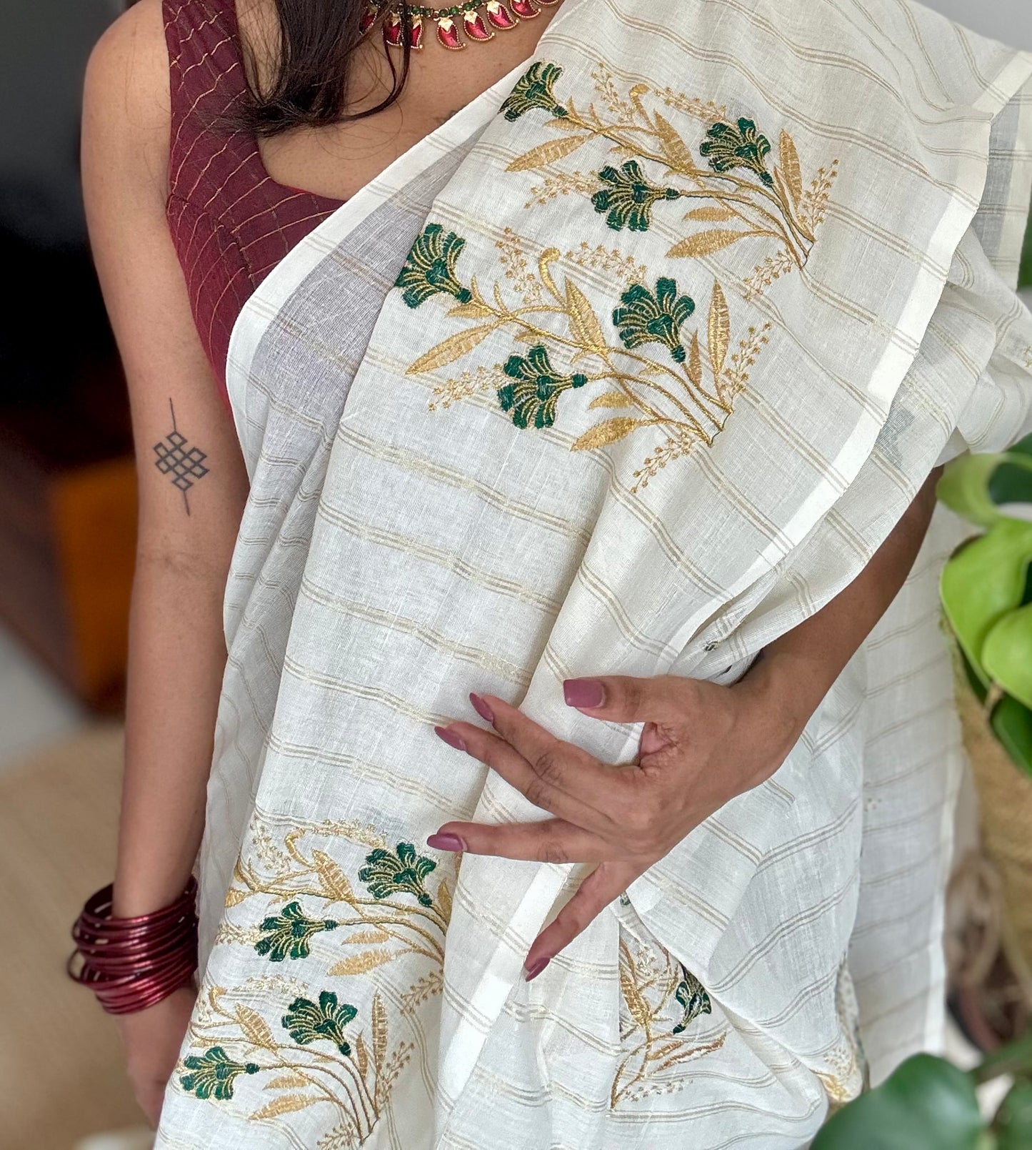Ivory and gold soft cotton saree, dark green floral embroidery  - YCIEON51