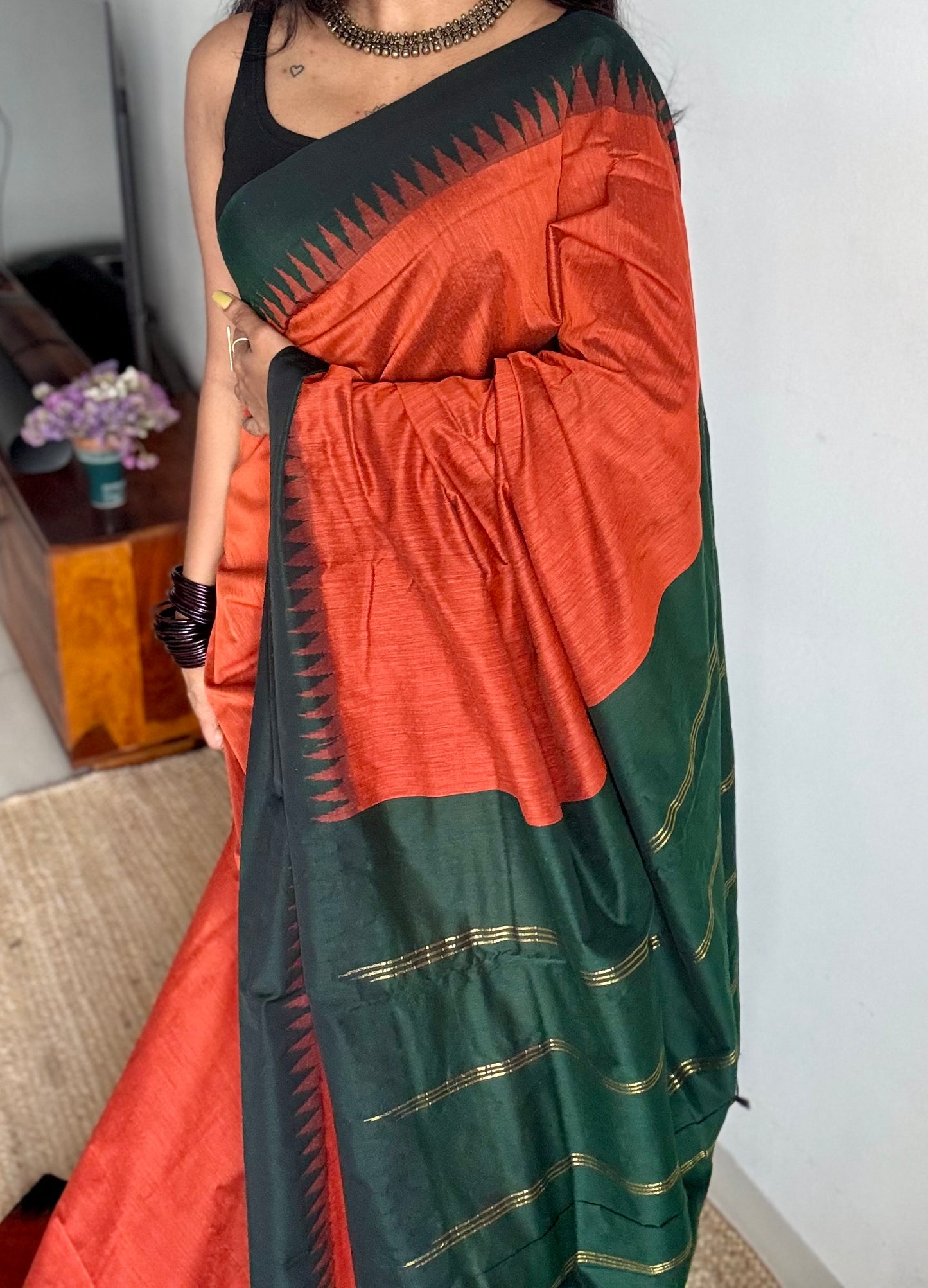 Orange with dark green temple border, cotton silk - YCCOTNCSDE93