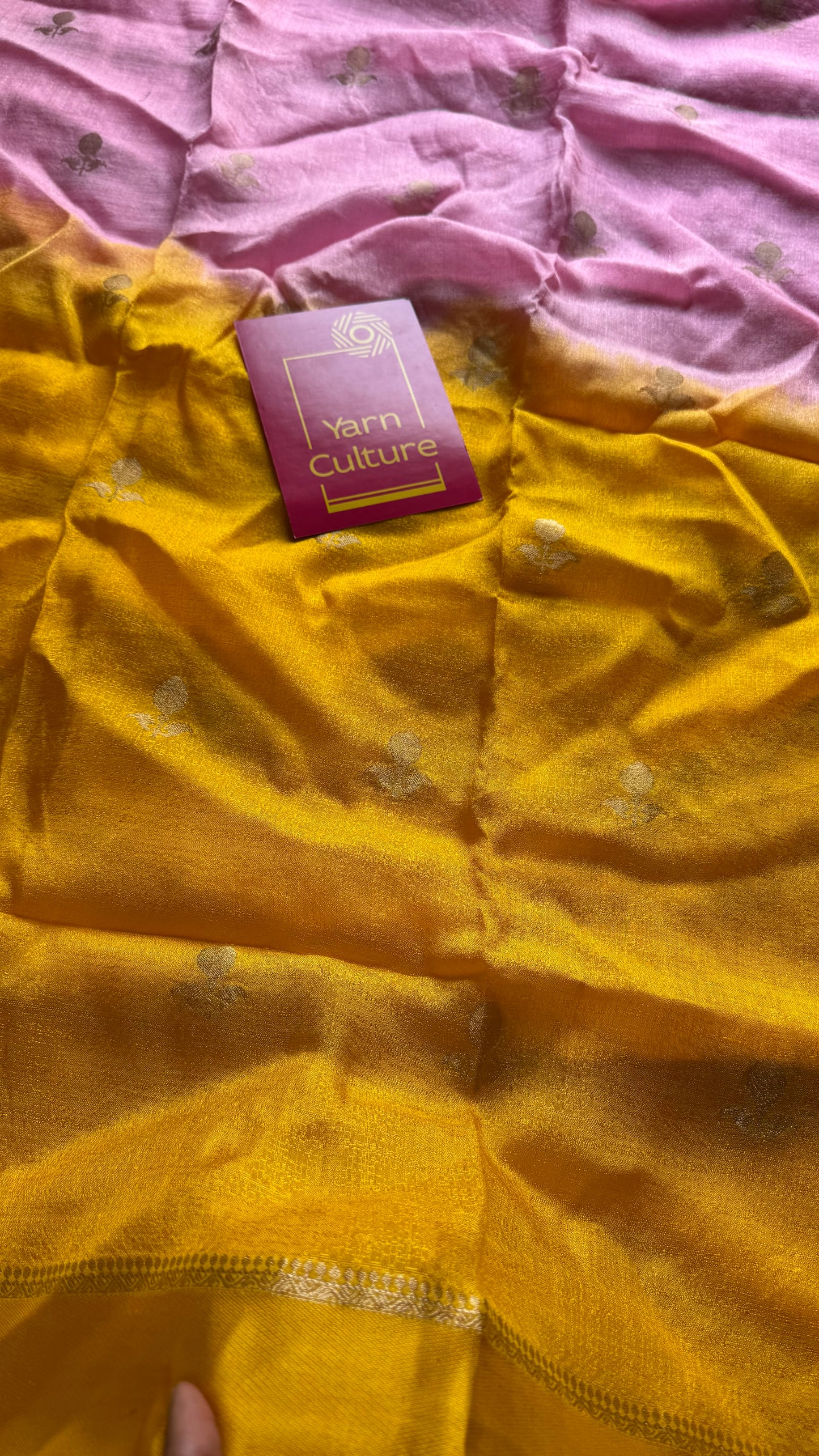 Pink yellow dual tone in viscose soft silk with satin border, jacquard zari motifs - YCDOSFE196