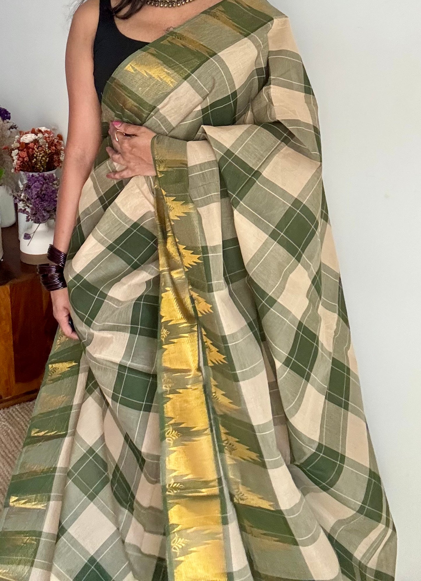 Chettinad cotton saree with cream and dark green checks, temple motif border - YCCOTNAP57