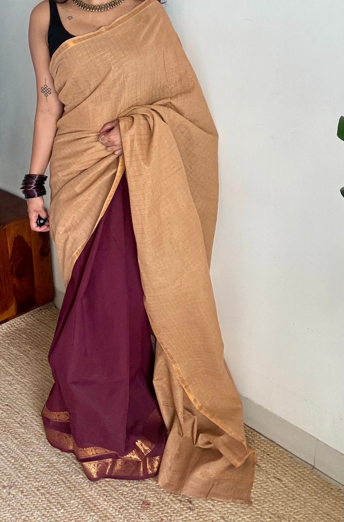 Cream and maroon, sungudi and chettinad cotton half-half saree - YCCOTNIDOC27