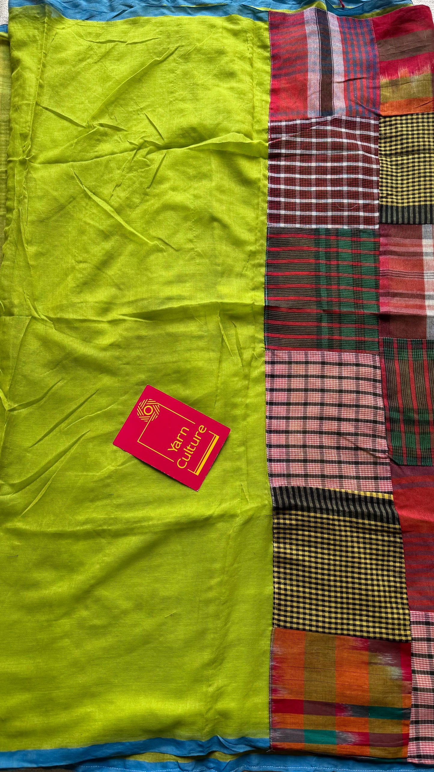 Lime green mul saree with patchwork on pallu - YCBCAUMCP02