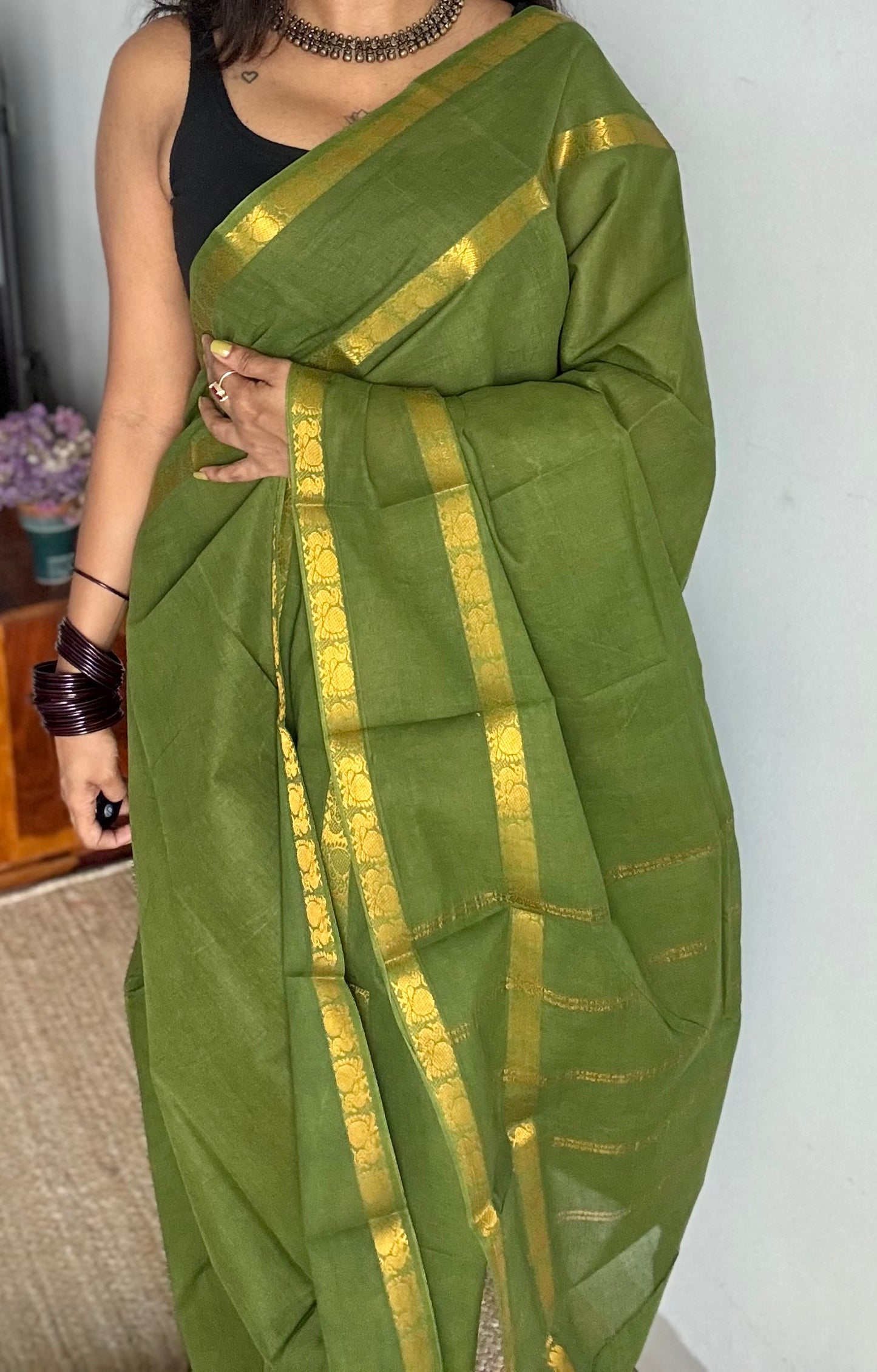 Olive green rettaipettu peacock double bordered, kattuchayam dyed madurai cotton saree - YCCOTNMSFE271