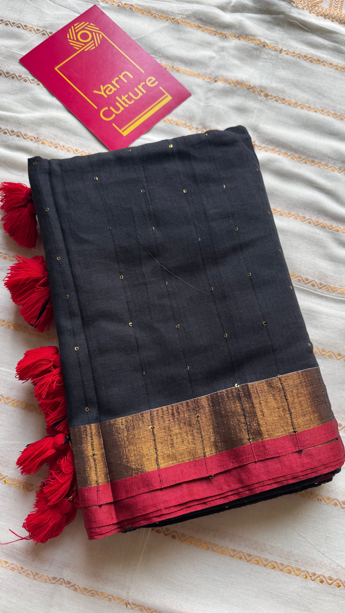 Black mul cotton saree with sequins and zari border - YCBCMCSE29