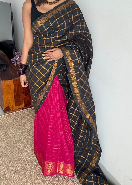 Black with hot pink, sungudi cotton half-half saree - YCCOTNMSFE365