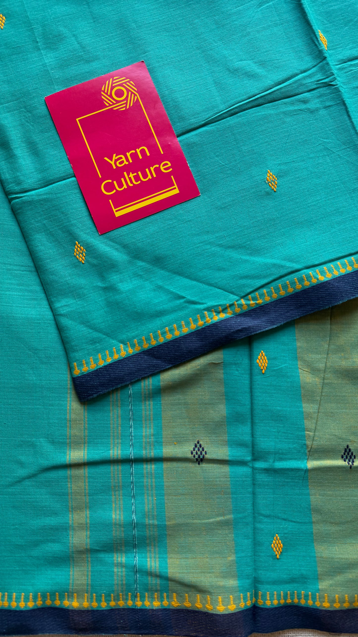 Dhonekhali handloom soft cotton saree, aqua blue with dark blue border and yellow woven buttas - YCBCDFE250