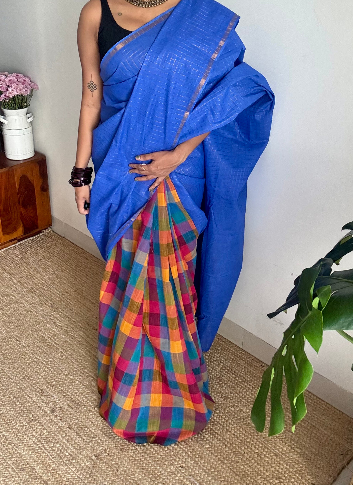 Blue with multicoloured madras checks, cotton half and half saree - YCCOTNIDOC160