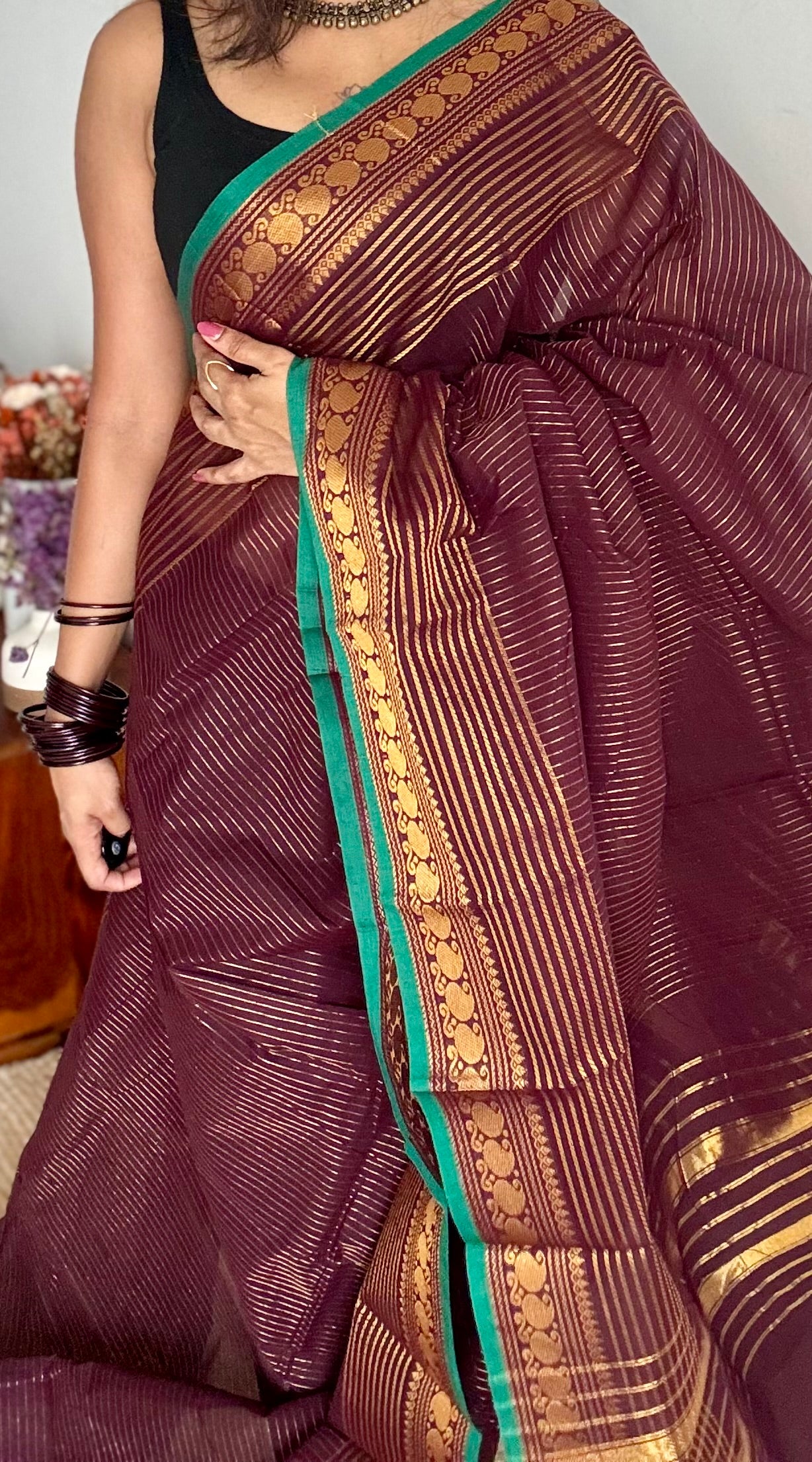 Kanchi cotton saree, brownish maroon with gold stripes, paisley border - YCCOTNAP93