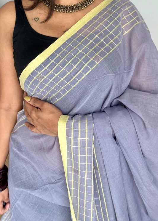 Grey handloom mul saree with custard yellow checkered borders and antique gold buttas - YCBCMCFE387