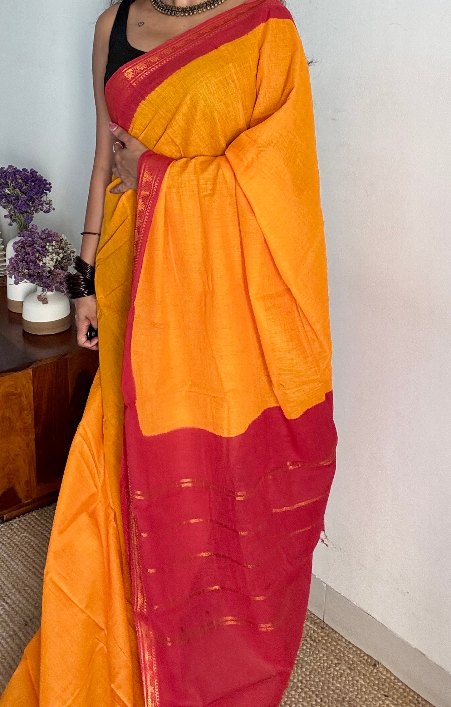Yellow with red contrast, kattuchayam dyed madurai cotton saree - YCCOTNMA241