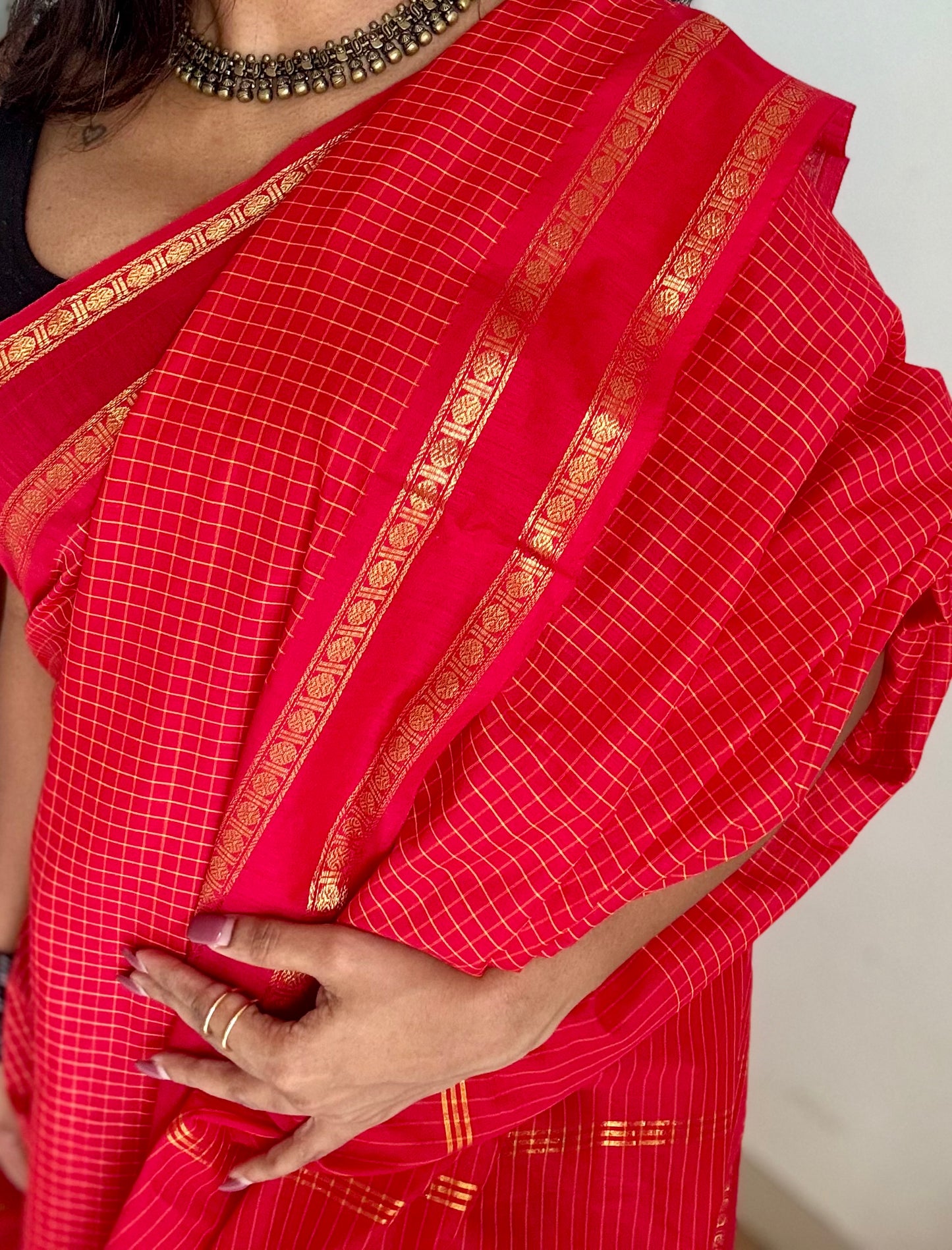 Chilli red arani checks saree, cotton silk - YCCOTNAUG20