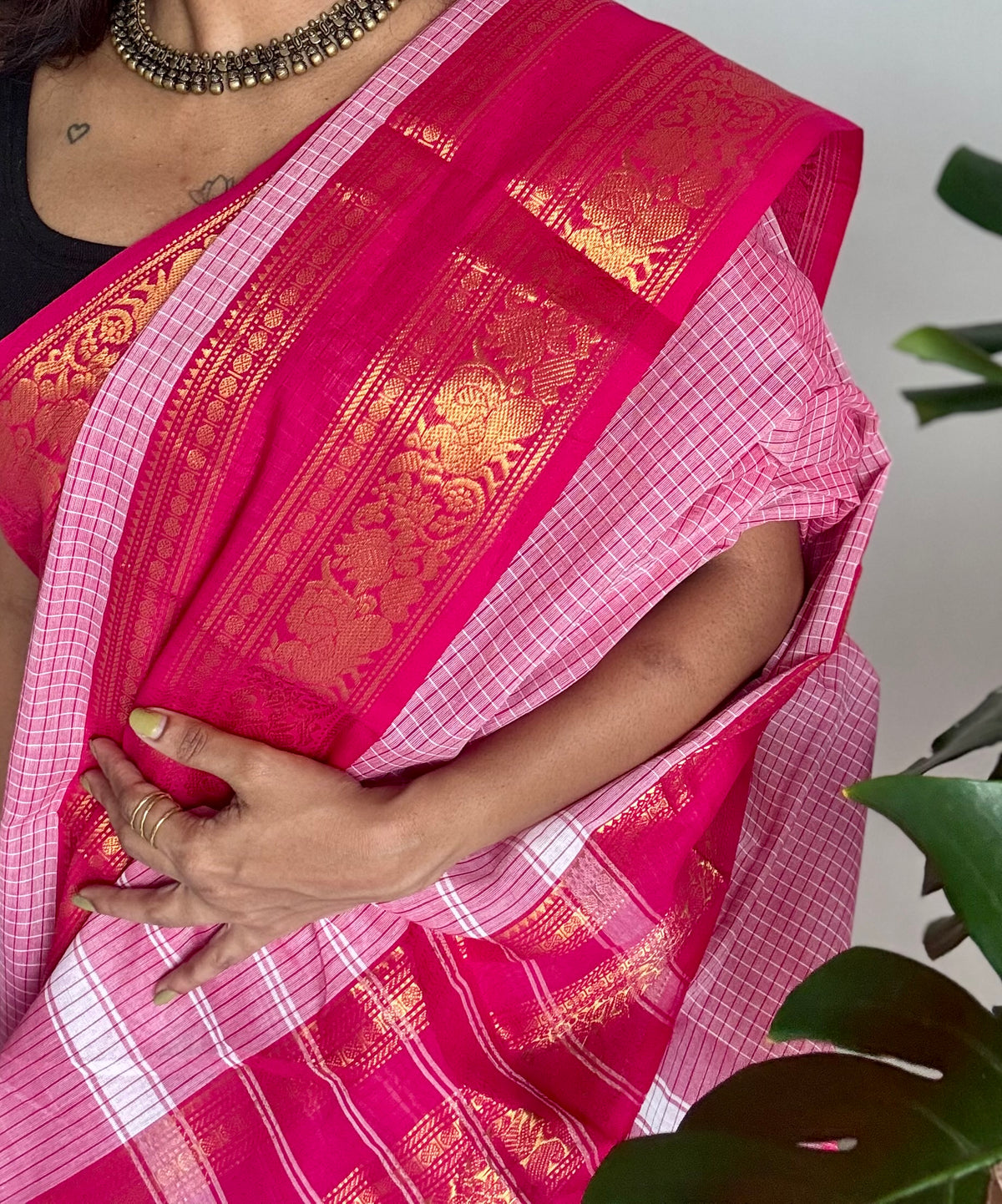 Pink checks with hot pink zari border kanchi cotton saree - YCCOTNCKSE21