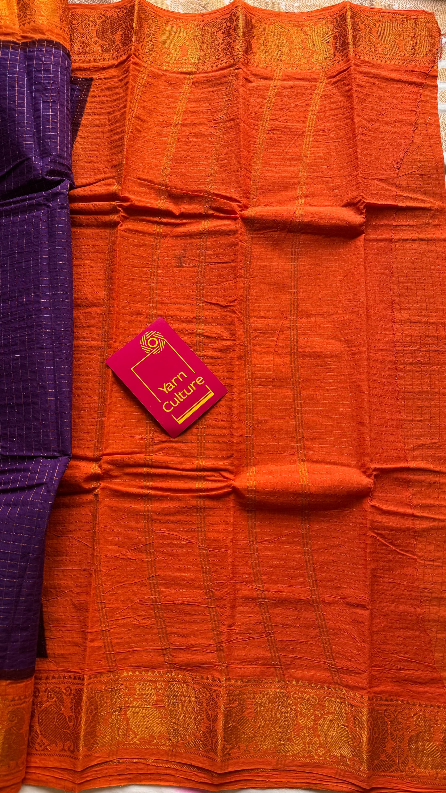 Purple with orange contrast zari checkered sungudi, kattuchayam dyed madurai cotton - YCCOTNMSAP195