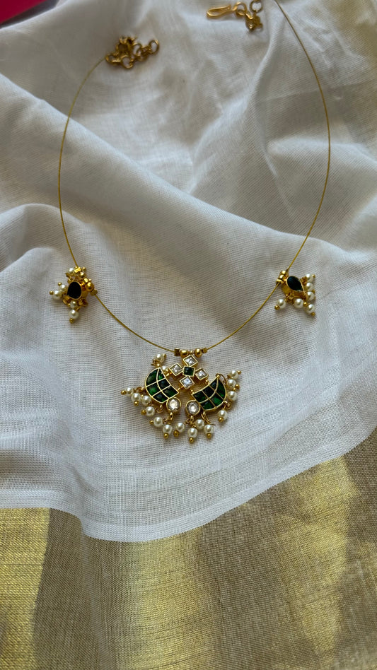 Invisible neckchain with jadau kundan stones & pearl hangings - green, white - YCGPNP693