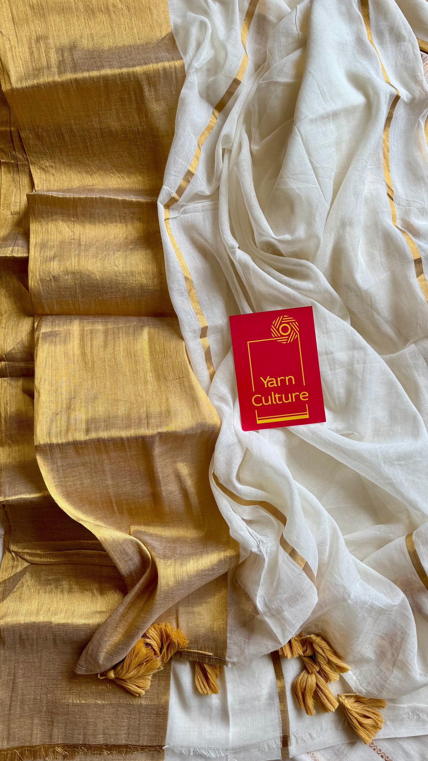 Ivory mul saree, wide gold zari border - YCIEON39