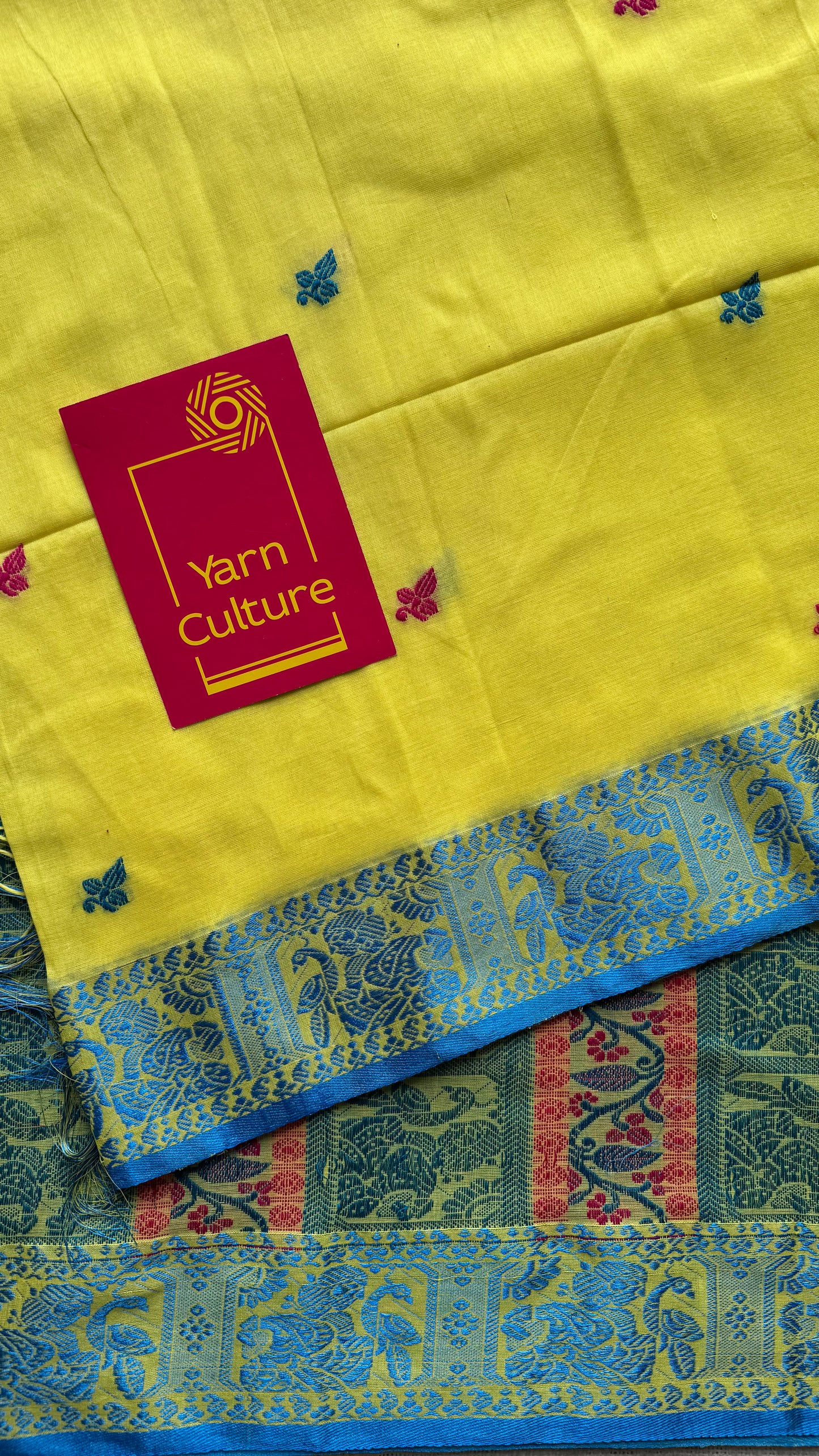 Yellow with blue, Baluchari-inspired soft cotton handwoven saree - YCHOTEBCJA226
