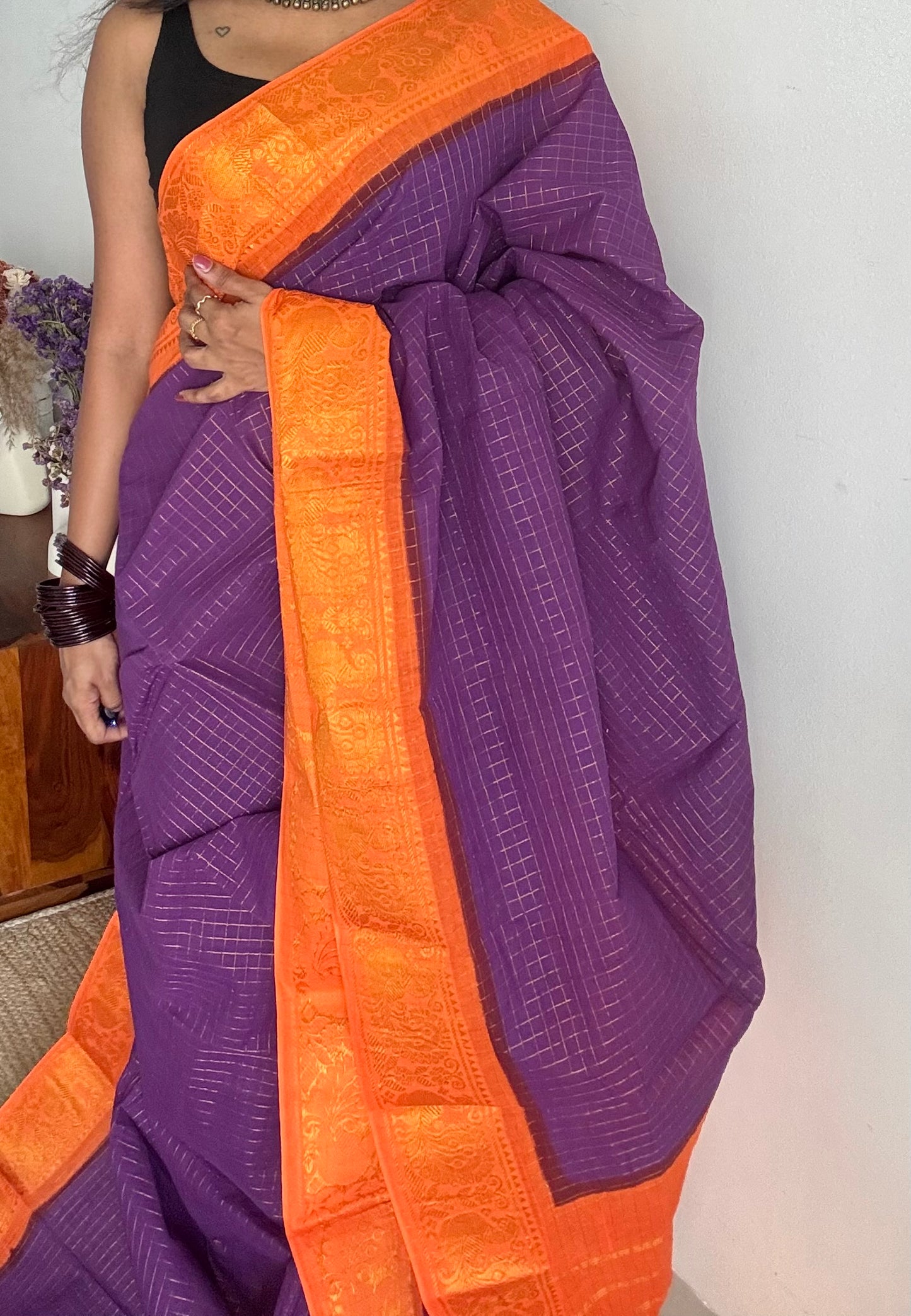 Purple with orange contrast zari checkered sungudi, kattuchayam dyed madurai cotton - YCCOTNMSAP195