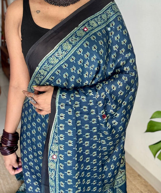 Indigo pure modal silk saree with ajrakh handblock print and mirror work - YCTOKAJM339