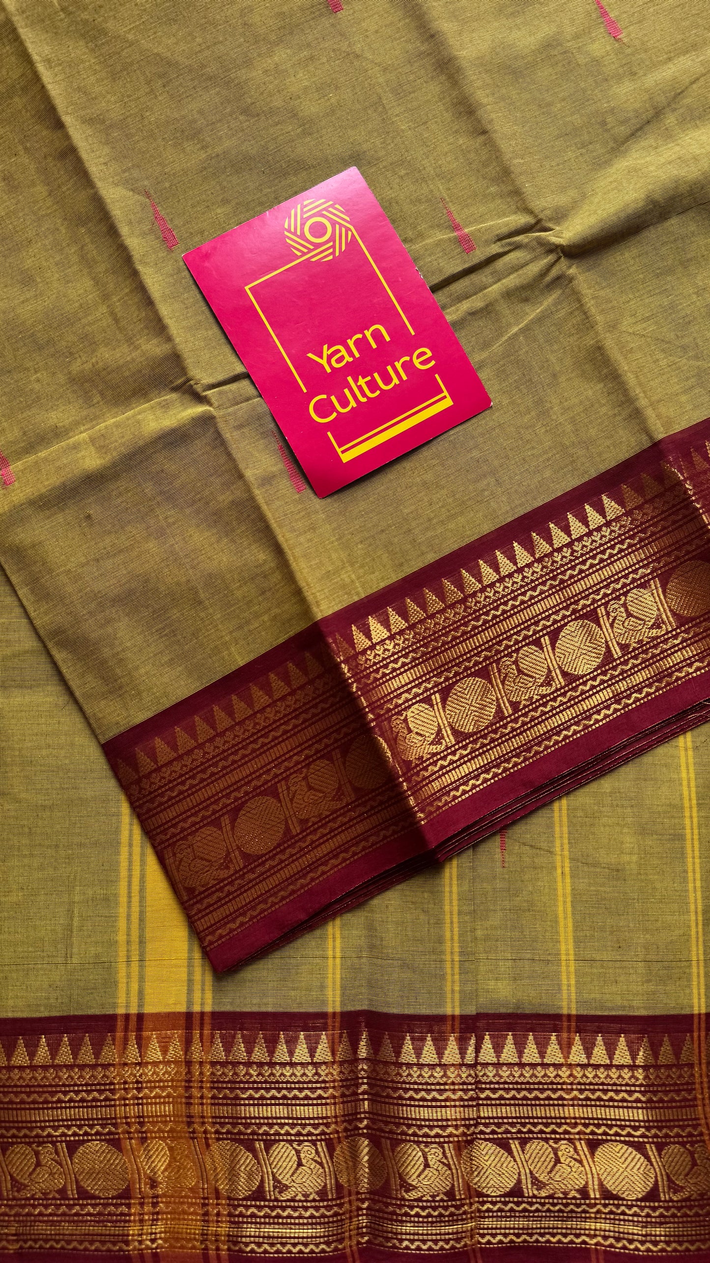 Kanchi cotton saree, parrot green with dark red zari border - YCCOTNAP83