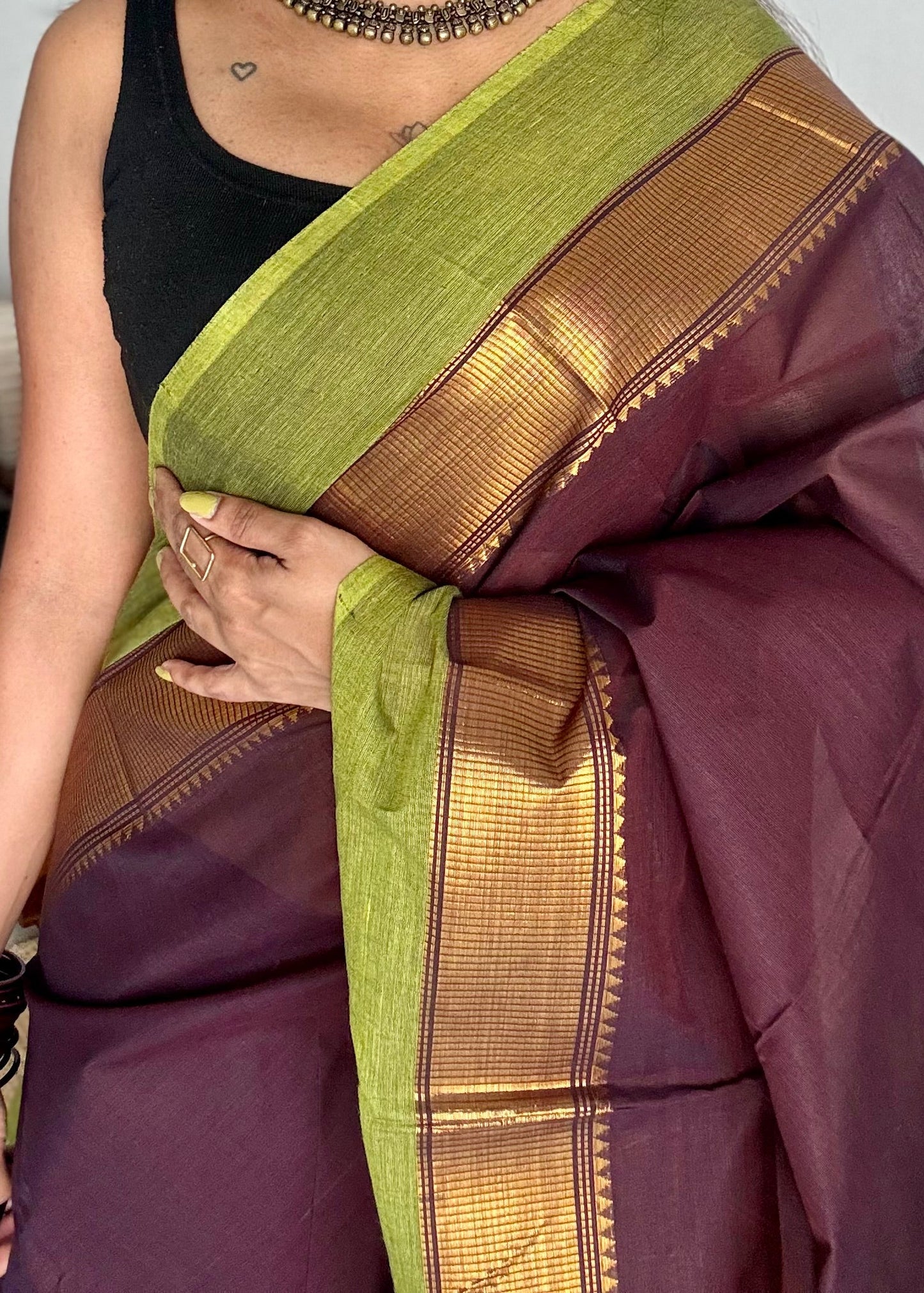 Chettinad cotton saree in brown with green and gold border - YCCOTNJUCC09