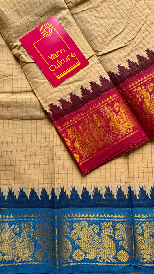 Blue - red sungudi cotton checks, sandal colour base, soft cotton - YCCOTNJSUN01