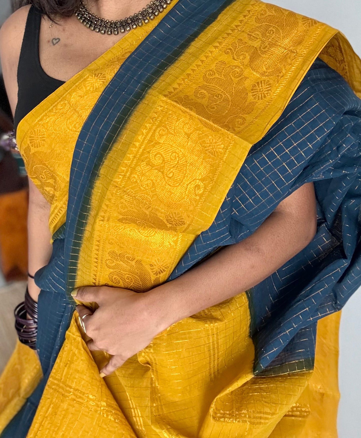 Dark teal with turmeric yellow, checkered with zari border, sungudi cotton - YCCOTNSUDE48