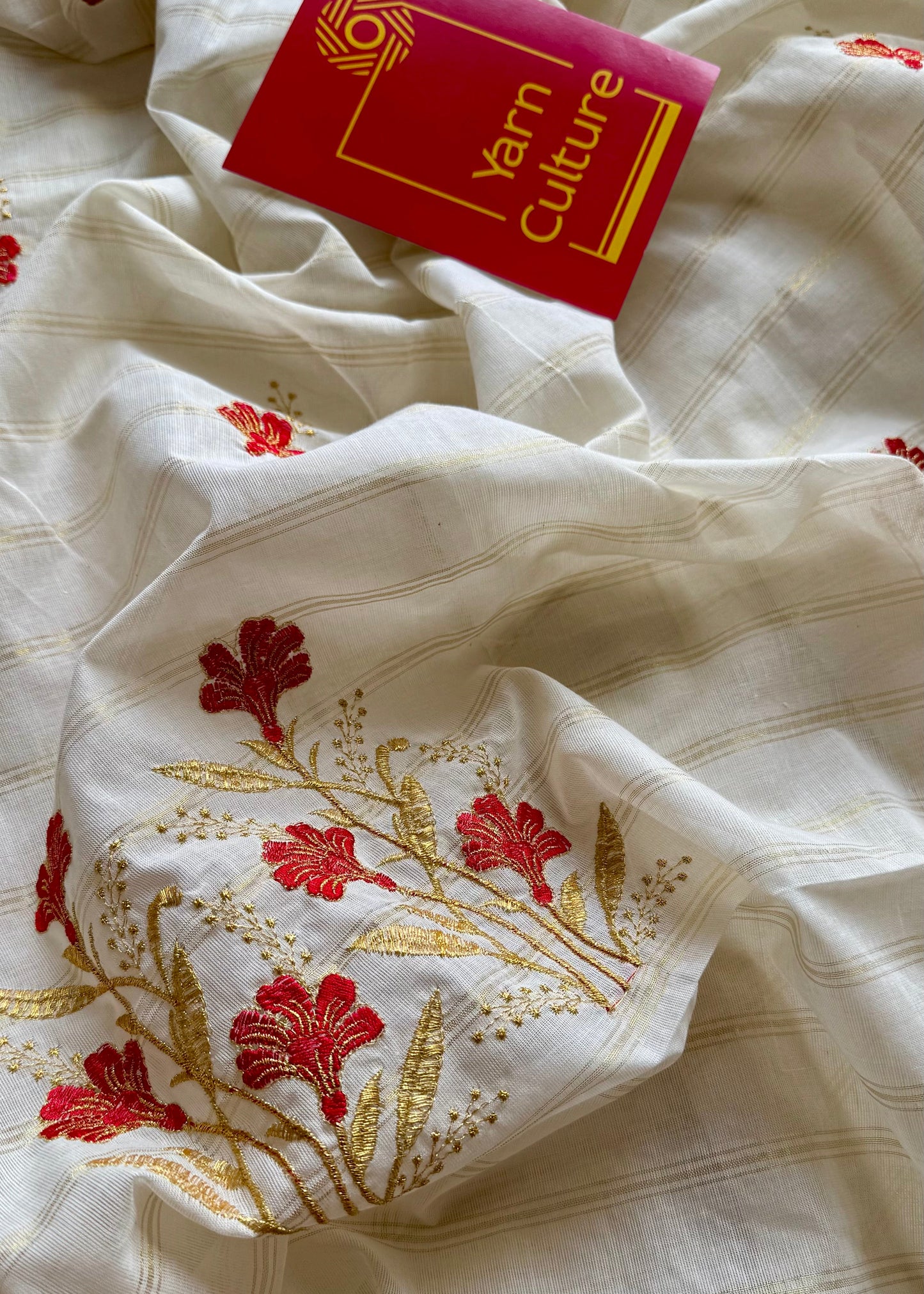Ivory and gold soft cotton saree, red floral embroidery  - YCIEON52