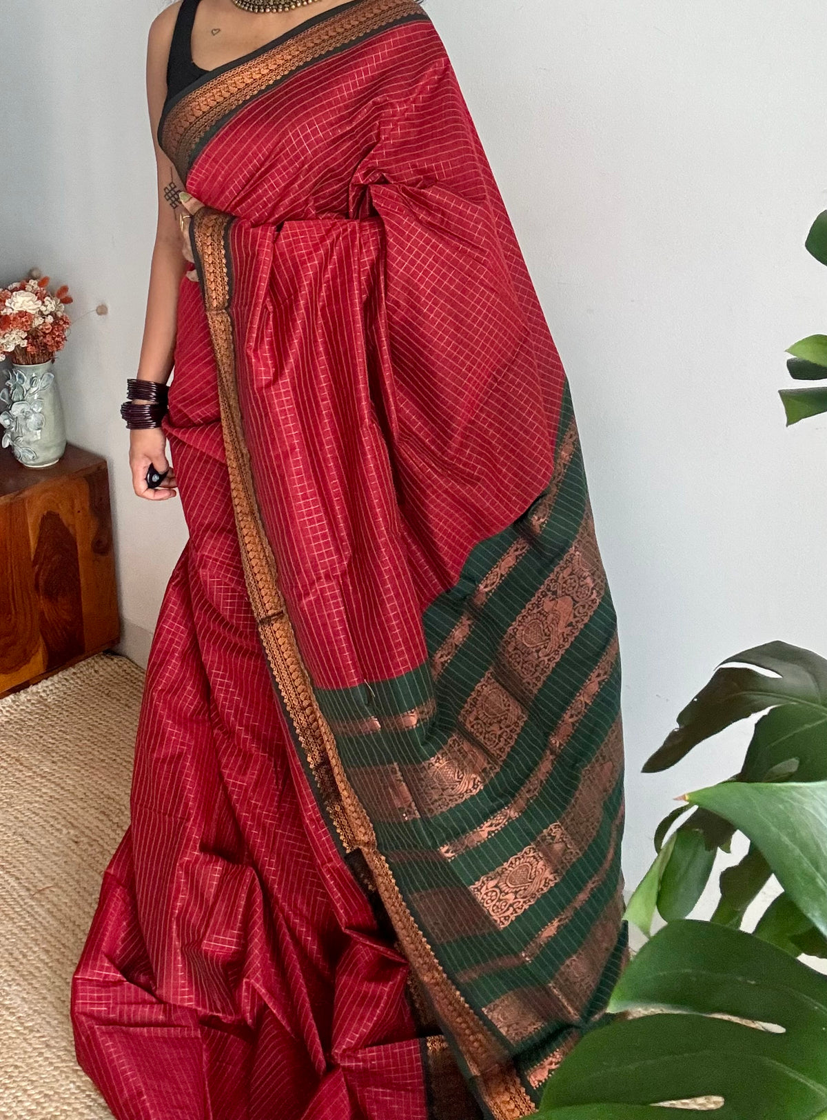 Dark red with green, zari checkered saree, cotton silk - YCCOTNKCOC100