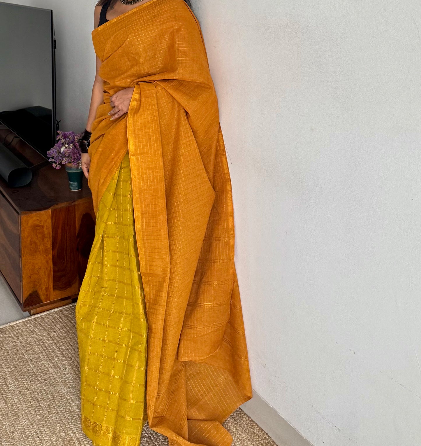 Turmeric yellow with light green, sungudi cotton half-half saree - YCCOTNMSFE368