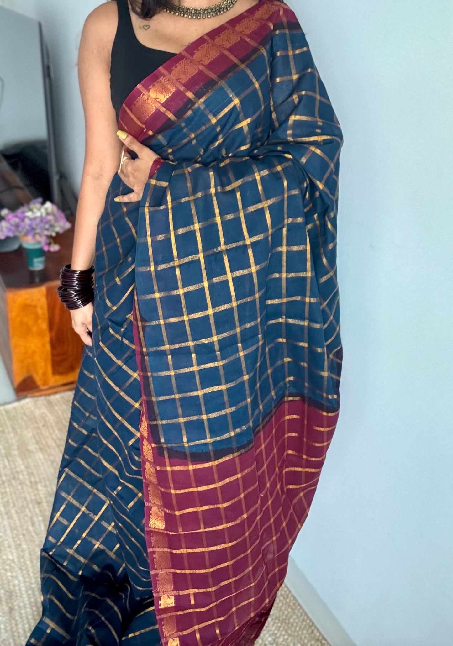 Teal blue with maroon pavithra kattam sungudi, madurai cotton - YCCOTNSUDE78