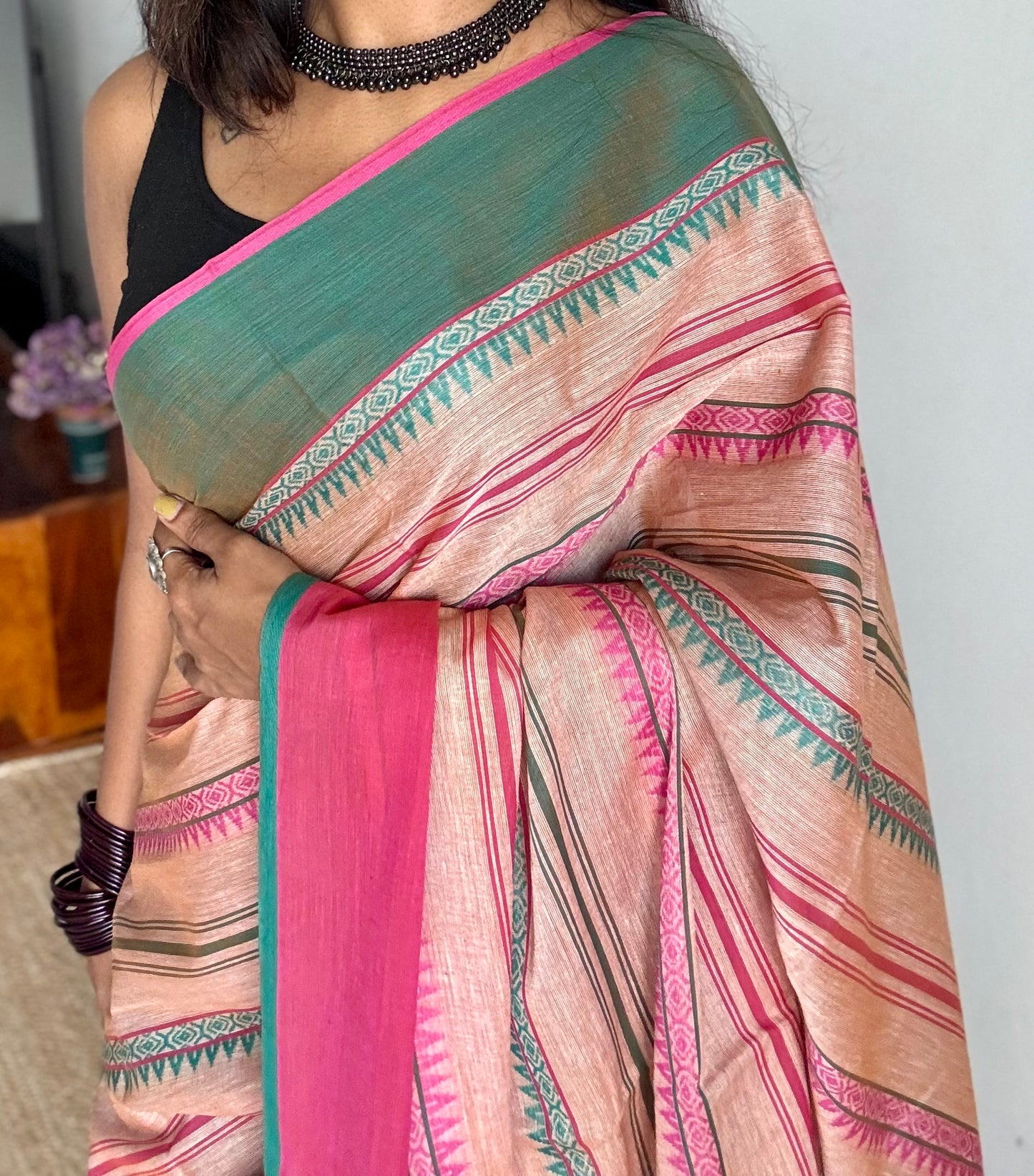 Dhonekhali handloom soft cotton saree, salmon pink with bright pink and dark turquoise woven stripes - YCBCDFE266