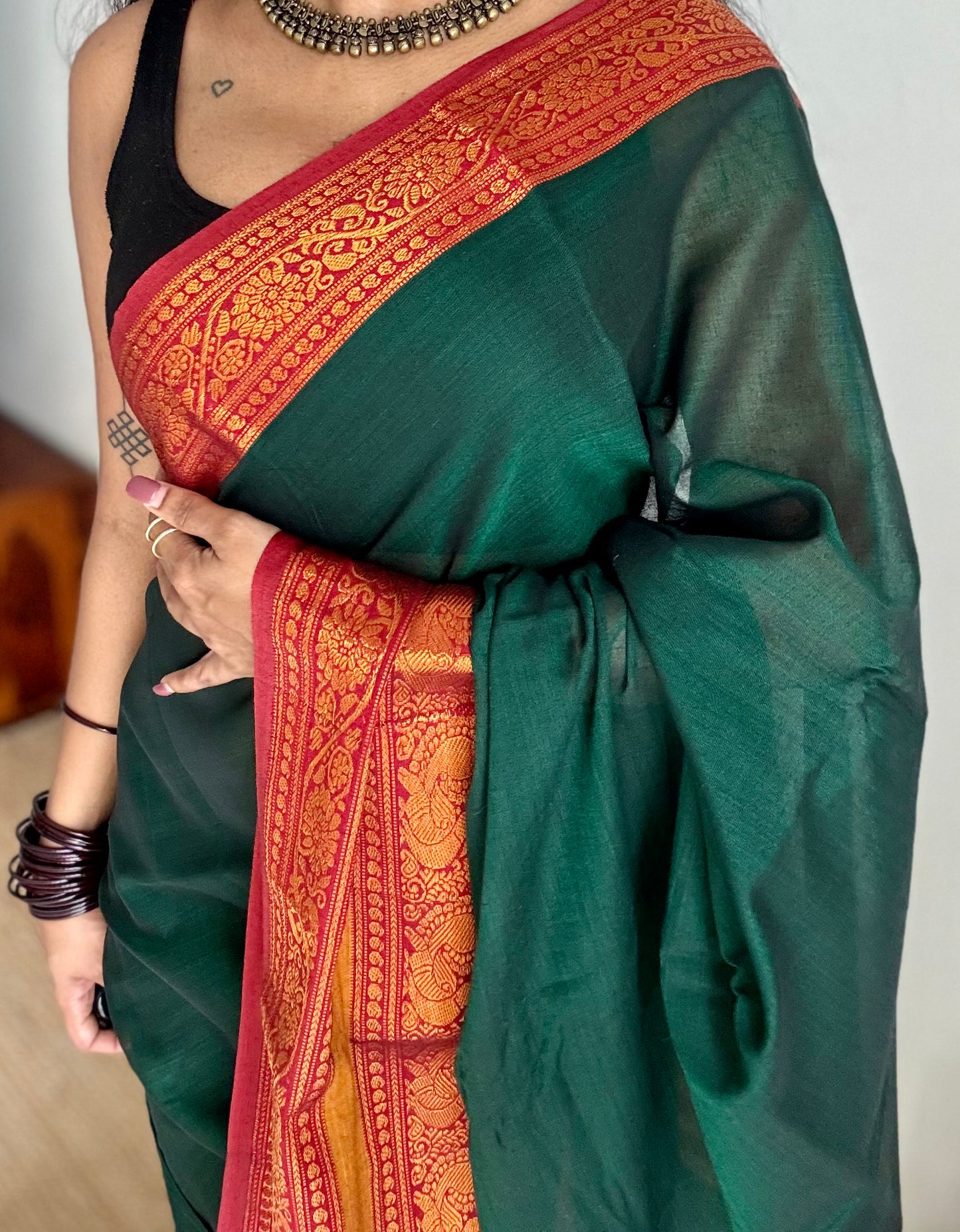 Green with red wide border, narayanpet soft cotton saree - YCWOTDAUG01