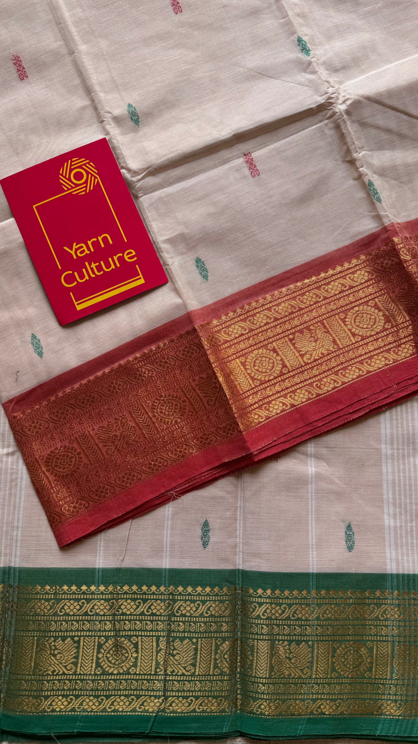 Beige with green pink and coral red contrast, kanchi cotton saree - YCCOTNMA327
