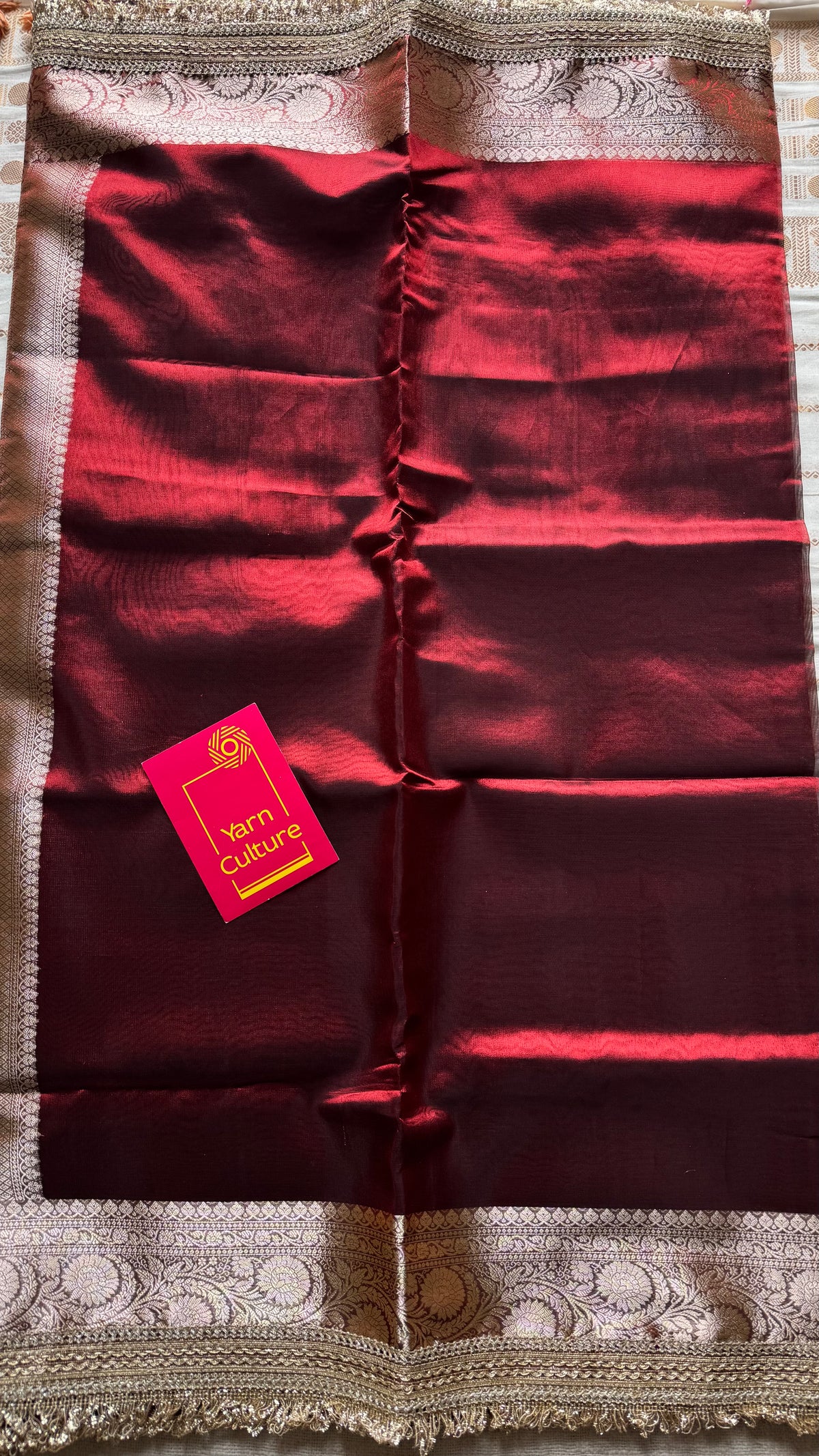Red tissue Banarasi saree with embellished gold lace border - YCBLTOC79