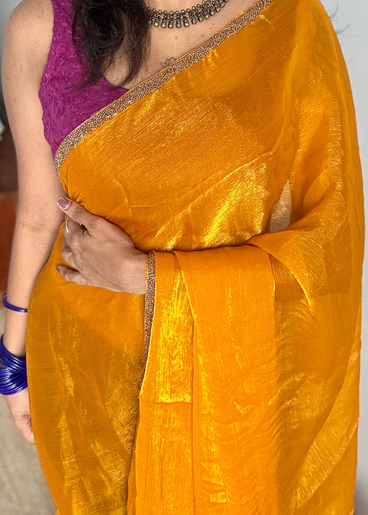 Sunny Sparkle - golden yellow, metallic dual tone space silk, embellished border - YCDOSNO41