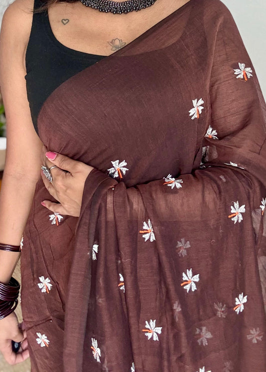 Brown parijat mul cotton saree  - YCBCMCAP34